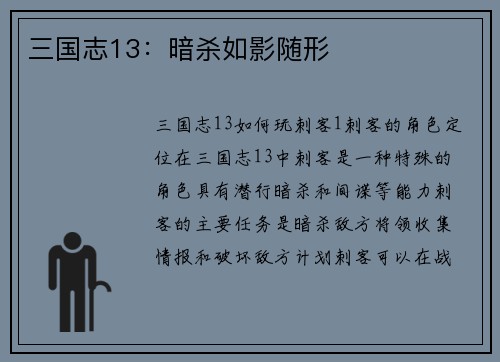 三国志13：暗杀如影随形